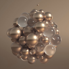 Metallic background with balls, atom, molecule. 3d illustration, 3d rendering.