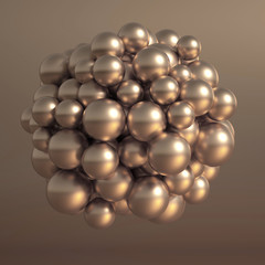 Metallic background with balls, atom, molecule. 3d illustration, 3d rendering.