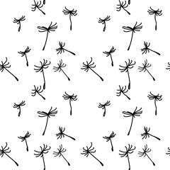Seamless pattern with dandelions. Drawing by hand, children's drawing. Black and white. Stylish simple background.
