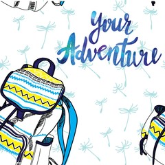 Seamless pattern with backpacks. Time to travel. Drawing by hand. Stylish summer background.