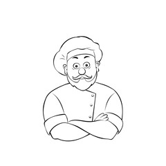 Portrait of happy old man with a mustache and beard,cook crossing hands.Vector illustration in cartoon style.