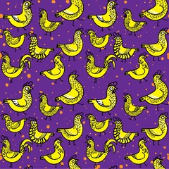 Seamless pattern with chickens. Chickens and rooster with patterns. Funny drawing by hand. seamless pattern. A funny background.