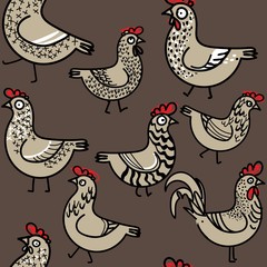 Seamless pattern with chickens. Chickens and rooster with patterns. Funny drawing by hand. seamless pattern. A funny background.