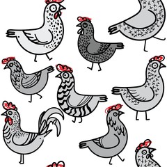 Seamless pattern with chickens. Chickens and rooster with patterns. Funny drawing by hand. seamless pattern. A funny background.