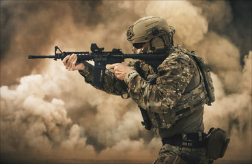 Military forces between smoke and gas in battle field