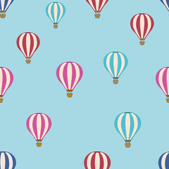 Hot air balloon seamless pattern vector background. An illustration with pink, blue and red colors. For children fabric, cloth, backdrop, wallpaper, wrapping paper. Printable eps 10 format.
