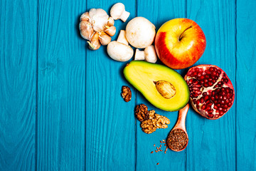 Products useful for the heart and blood vessels on a blue background.