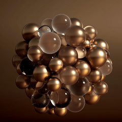 Metallic background with balls, atom, molecule. 3d illustration, 3d rendering.