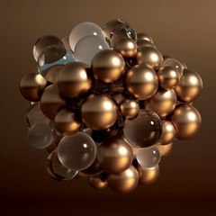 Metallic background with balls, atom, molecule. 3d illustration, 3d rendering.