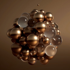 Metallic background with balls, atom, molecule. 3d illustration, 3d rendering.