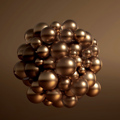 Metallic background with balls, atom, molecule. 3d illustration, 3d rendering.