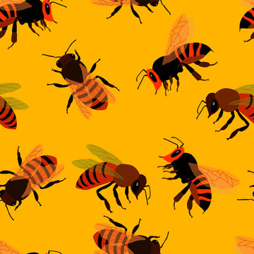 seamless pattern in bright colors depicting bees, wallpaper ornament, wrapping paper