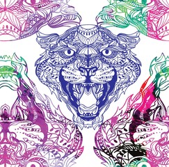 Seamless pattern with leopards. Doodling, mandala pattern. Drawing by hand. Stylish background. Indian style.