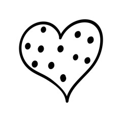 Hand drawn black polka dot heart. Decor element. Valentine's day card, element template and love symbol. Vector clip art isolated on white background.