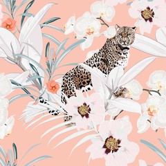Colorful floral pattern with tiger leopard and exotic tropical leaves illustration. Fashion ornament on peach background. © Iuliia
