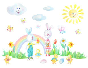 Watercolor bunny.Easter card with hares, chickens, rainbows, eggs, grass, flowers, butterflies, sun on a white background.
