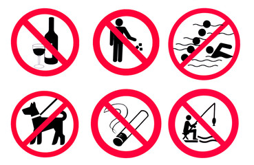  Set of prohibition signs. Sign No alcohol ,  Sign No littering ,  Sign No swimming behind buoys,  No walking dogs sign, No Smoking sign, Sign No fishing