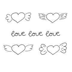 Abstract hand drawn heart with wings a symbol of love, wedding, valentines day. Lettering love. Element for logo, label, print for clothes, etc., Design element isolated on white background.