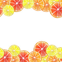 Template for invitation, congratulations on fruit pieces, orange, lemon, grapefruit. Summer tropical frame
