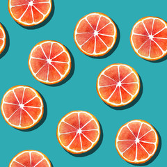 Tropical seamless pattern with grapefruit slices. Watercolor illustration on navy background for scrapbooking, wallpaper, packaging, textiles