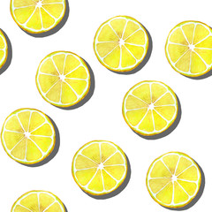 Tropical seamless pattern with lemon slices. Watercolor illustration on white background for scrapbooking, wallpaper, packaging, textiles