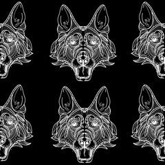 Seamless pattern with dogs. Children's coloring, meditative coloring. Meditative pattern. Dots, stripes, wool.