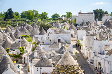Panoramic view of Town of Alberobello, village with Trulli house in Puglia Apulia region, Southern...