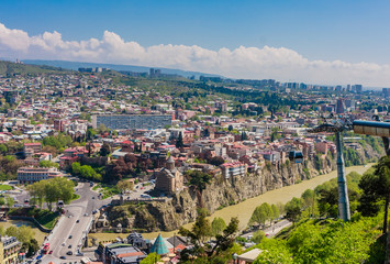 Panoramic view of Tbilisi city from the Narikala Fortress, old town and modern architecture.  Georgia