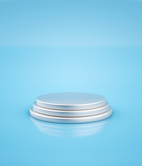 Empty silver pedestal for product placement at minimal glossy blue background. 3D render