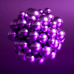 Metallic background with balls, atom, molecule. 3d illustration, 3d rendering.