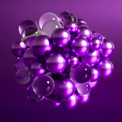 Metallic background with balls, atom, molecule. 3d illustration, 3d rendering.