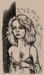 Grunge textured sketch style illustration with a girl holding flower. Woman with a blond hair.