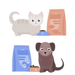 Pet food vector. Illustration of cartoon happy dog and cat sitting with full bowl of dry food and food packages.