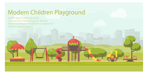 Kids playground in city park flat illustration. Horizontal banner template with place for your text. Stock vector. Playground design with slide, swing, carousel, sandbox. Public park landscape.