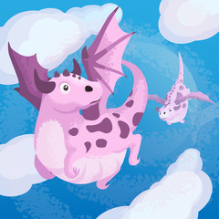 Cute cartoon flying dragons in the sky. Stock illustration. Pink cow dragons.
