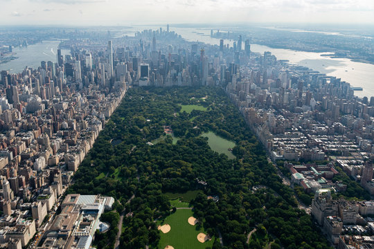 Central Park and New York City aerial photograph facing towards lower Manhattan
