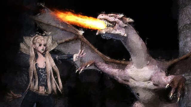 Digital artistic sketch animation of a female with dragon based on a self-created 3D illustration