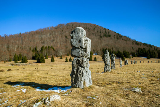 Matic poljana - stone sculptures in memory of in World war 2 frozen partisans near Mrkopalj, Croatia