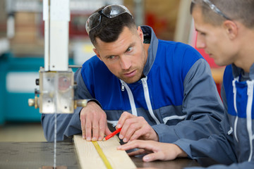 carpenter teaching apprentice how to measure wood