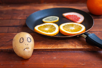 potato with an emotional face looks at citruses.