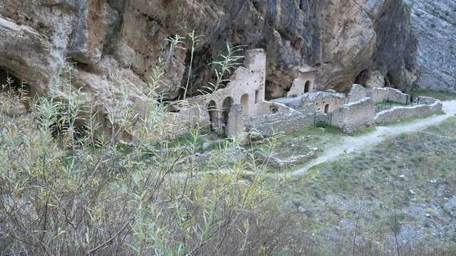 Fara San Martino, Majella National Park, Chieti, Abruzzo, Italy, Europe - January 9 2020: Remains of the old Benedictine abbey in the Gorges of Fara San Martino. Pope Celestine V Hermitage