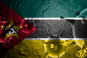 3D ILLUSTRATION VIRUS WITH Mozambique FLAG, CORONAVIRUS, Flu coronavirus floating, micro view, pandemic virus infection, asian flu.