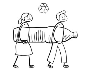 Cartoon people carrying big plastic bottle to recycle. Waste recycling, waste sorting, re-use of materials and environmental protection concept. Recycle sign. Hand drawn vector sketch