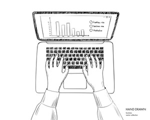 Illustration of workplace with laptop. Hands on keyboard working. Hand drawn line art black and white vector sketch © 1nn0