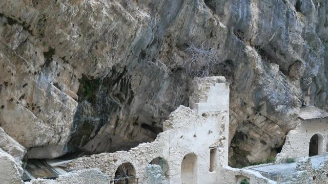 Fara San Martino, Majella National Park, Chieti, Abruzzo, Italy, Europe - January 9 2020: Remains of the old Benedictine abbey in the Gorges of Fara San Martino. Pope Celestine V Hermitage