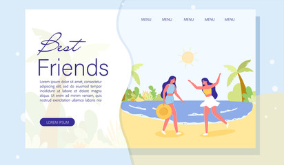 Landing Page with Cartoon Women on Tropic Seacoast