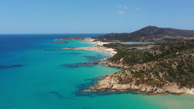 Drone view of Su Giudeu beach, Sardinia, Italy. Chia beach. Panorama of Su Giudeu beach in Chia, Sardinia, Italy. Panorama Of Chia Coast, Sardinia, Italy.
