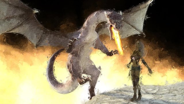 Digital artistic sketch animation of a female with dragon based on a self-created 3D illustration