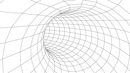 Technology wireframe tunnel on white background. Futuristic 3D vector grid.