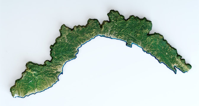Satellite view of the Liguria region. Italy. 3d render. Physical map of Liguria, plains, mountains, lakes, mountain range of the Alps